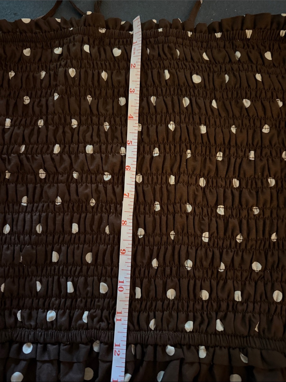 Smocked Brown Polka Dot Midi Dress with Spaghetti Straps 
P2P 15” lying flat - Picture 5 of 5
